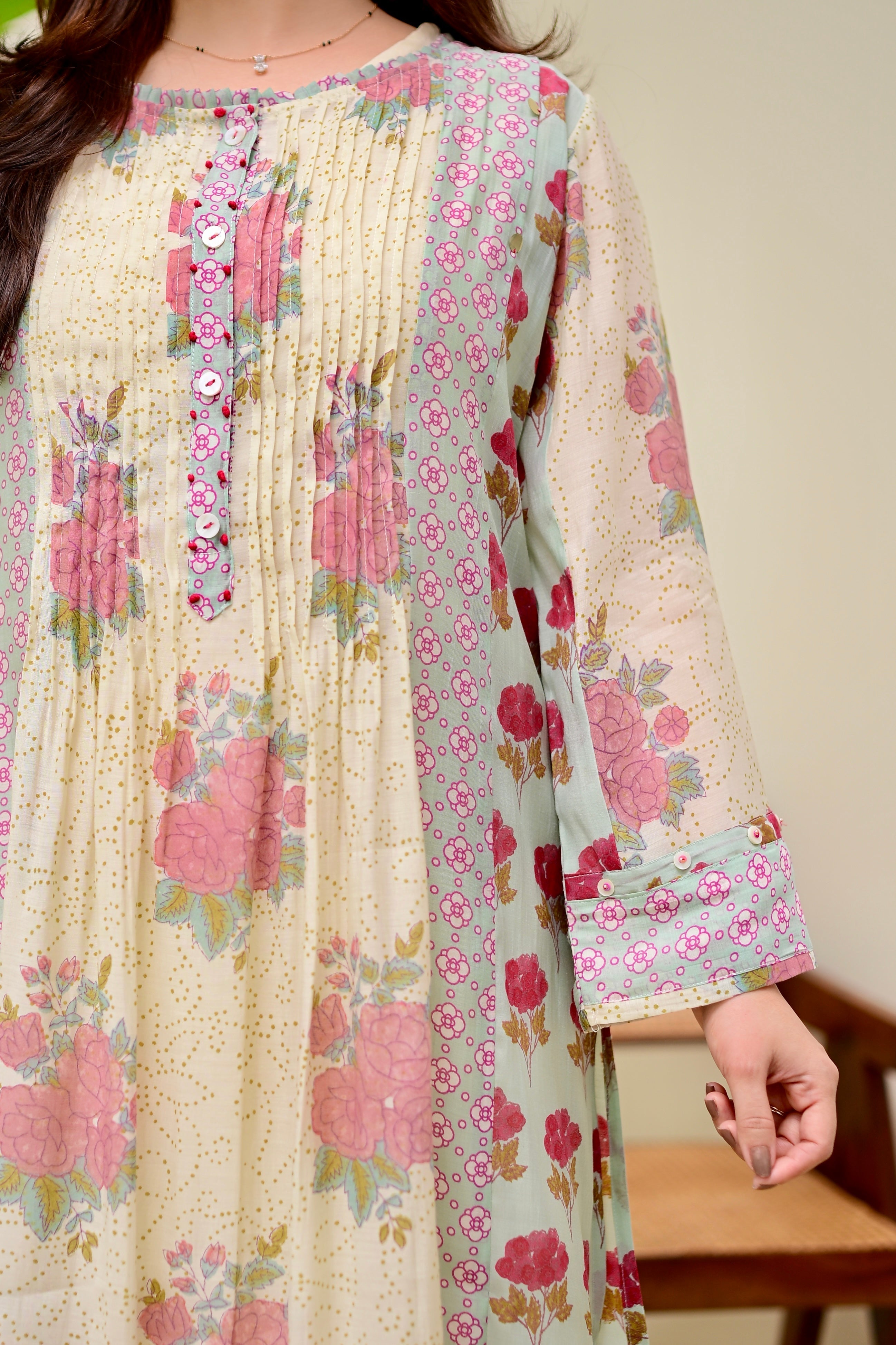 Ivory Blue Summer Rose Drift Pintex A Line Kurta Set