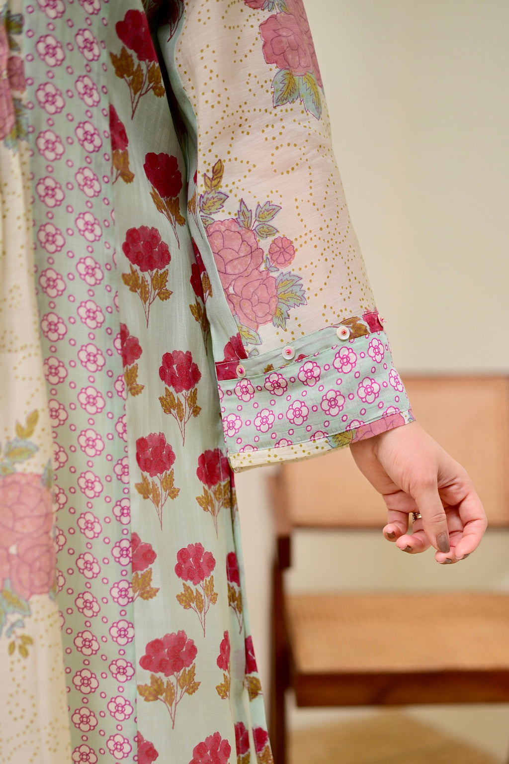 Ivory Blue Summer Rose Drift Pintex A Line Kurta Set