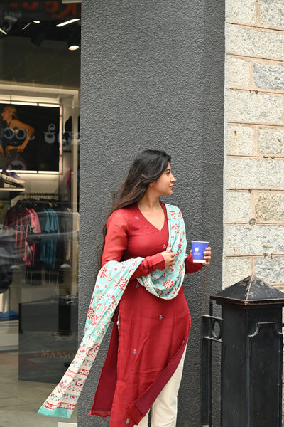 Red Pure Kota hand embroidered Top and mul checks cotton Dupatta with Bottom