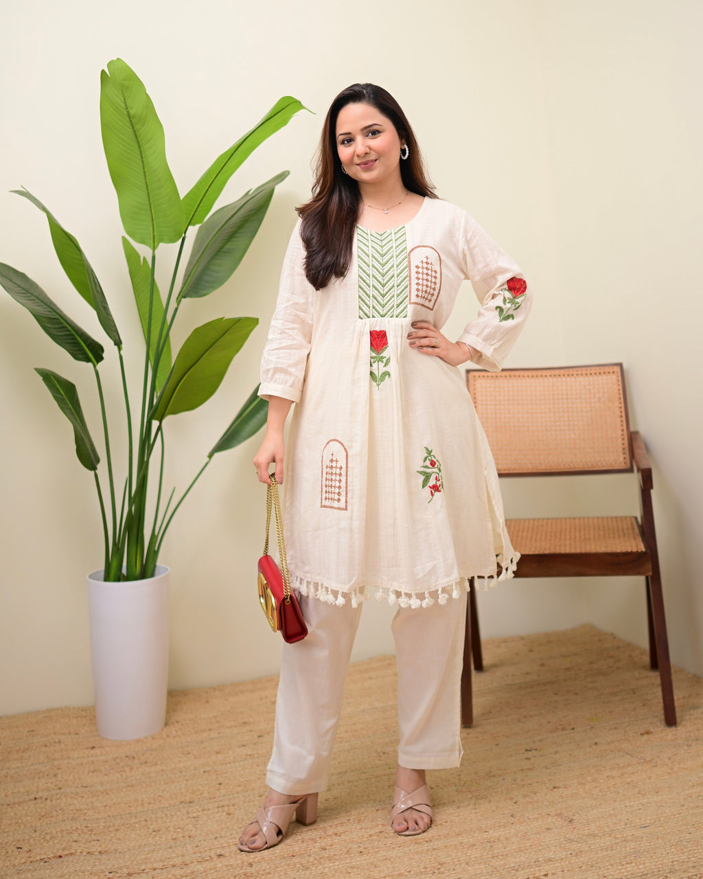 Ivory Rosewood Garden Threadwork Cotton Co-ord