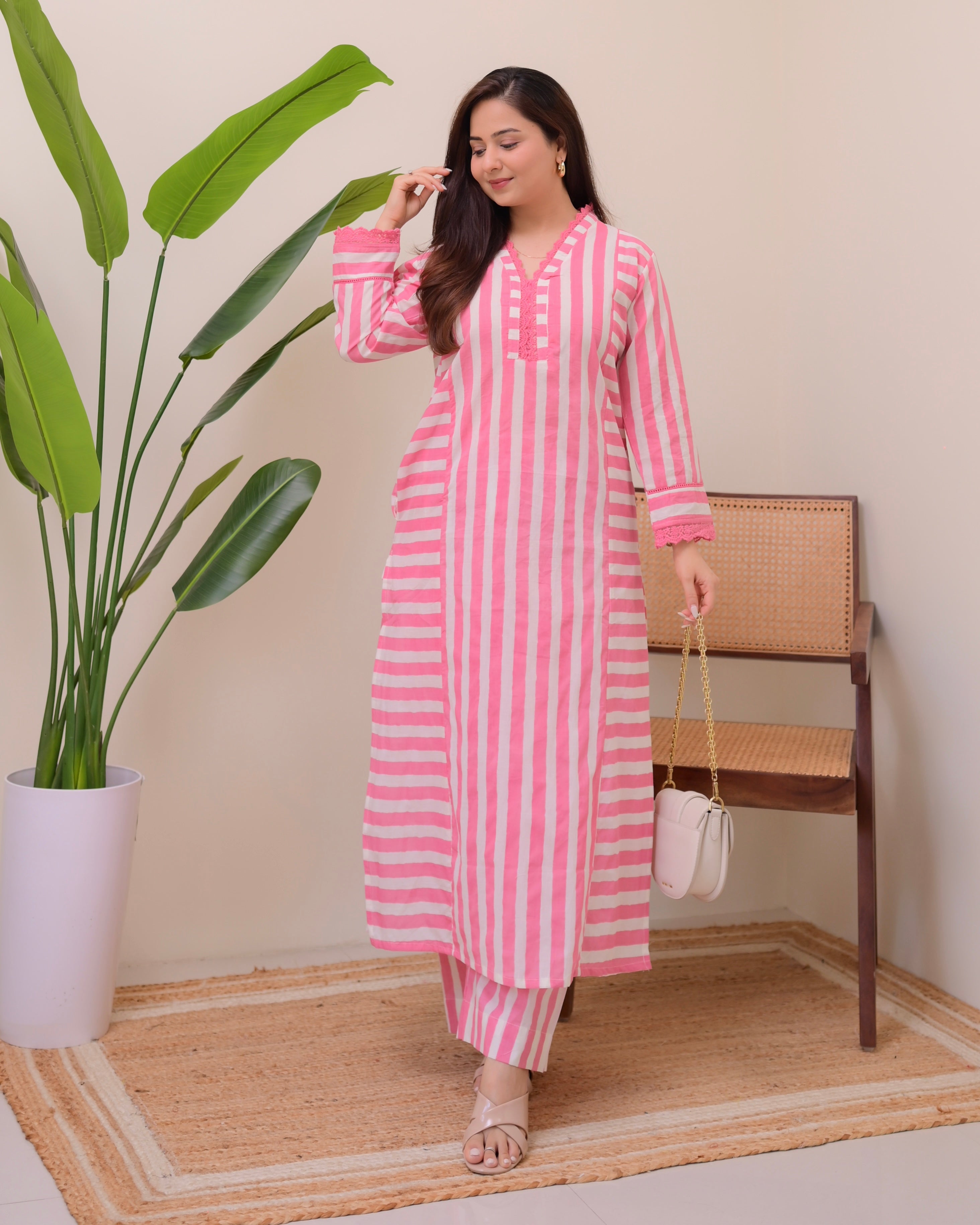 Pink Candy Striped Luxe Cotton Kurta Set
