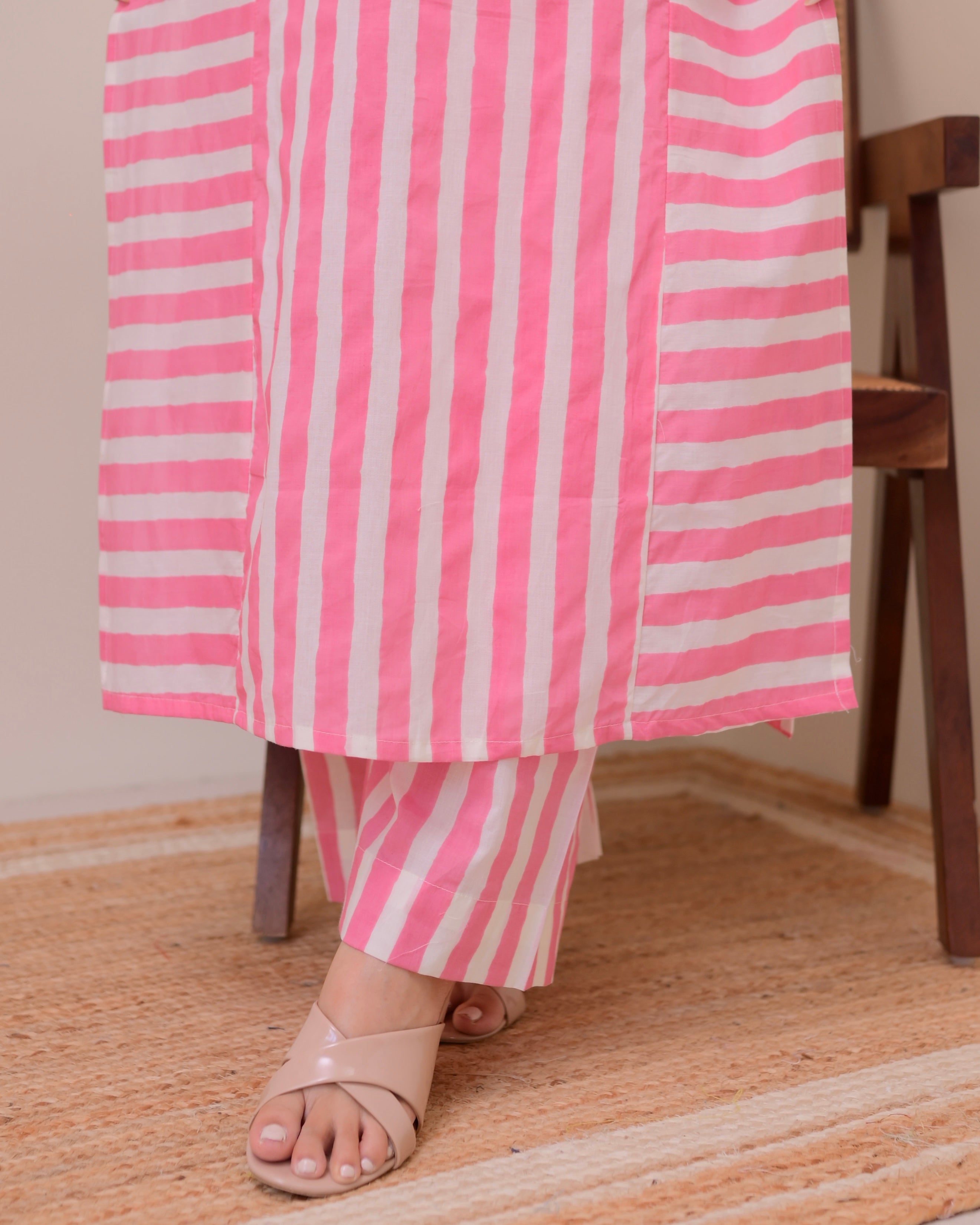 Pink Candy Striped Luxe Cotton Kurta Set