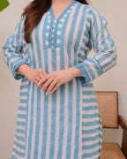 Blue Skyline Striped Luxe Cotton Kurta Set