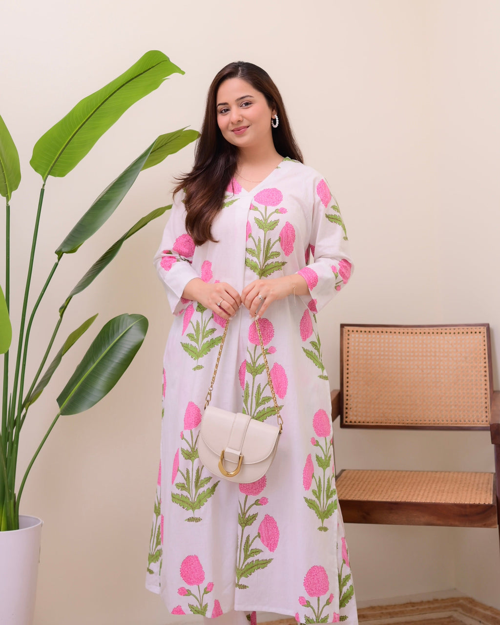 Pink Lush Bloom Cotton A Line Kurta Set