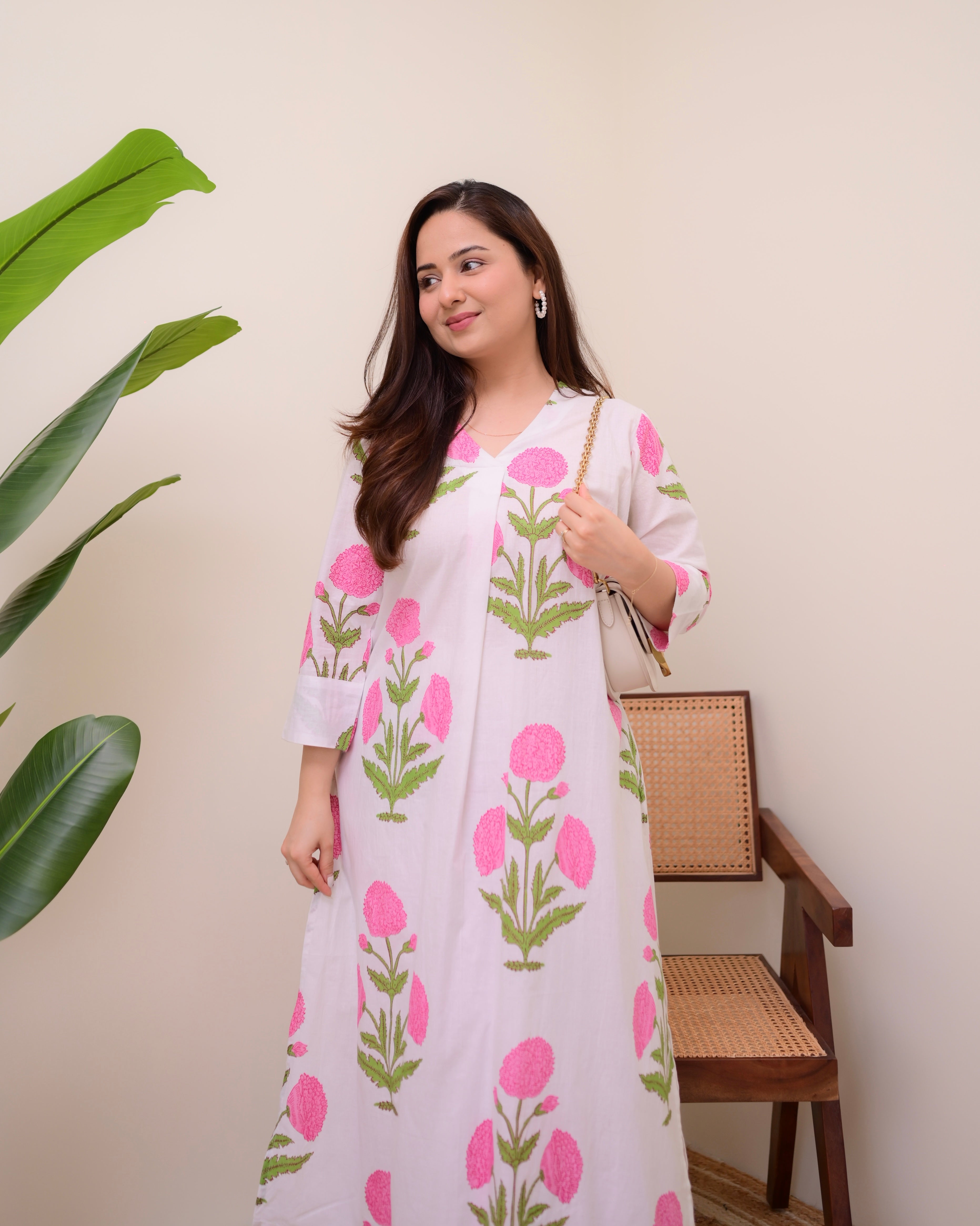 Pink Lush Bloom Cotton A Line Kurta Set