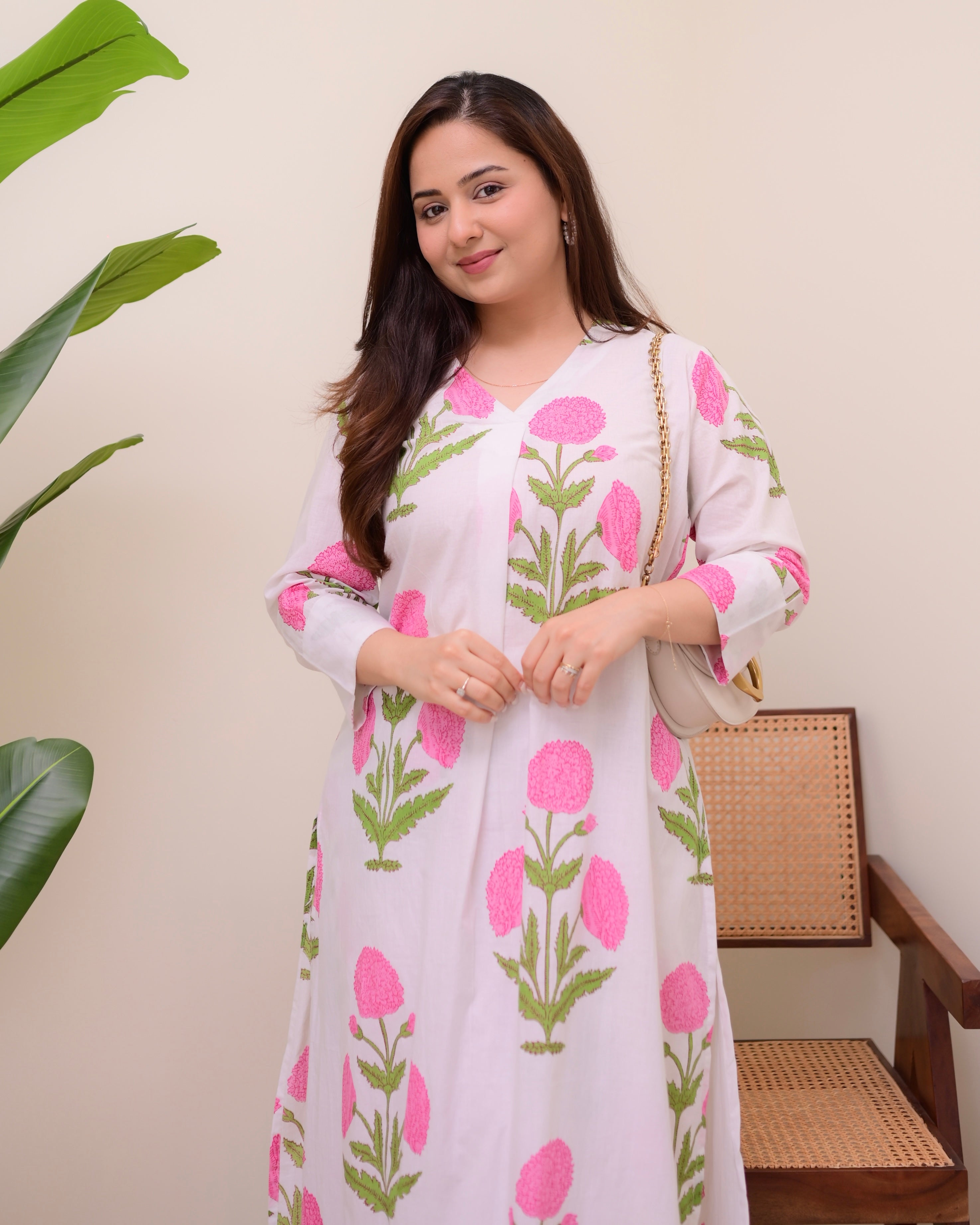 Pink Lush Bloom Cotton A Line Kurta Set