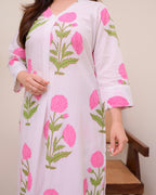 Pink Lush Bloom Cotton A Line Kurta Set