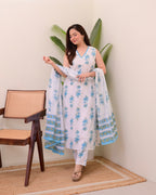 Blue White Floral Mul Cotton Suit
