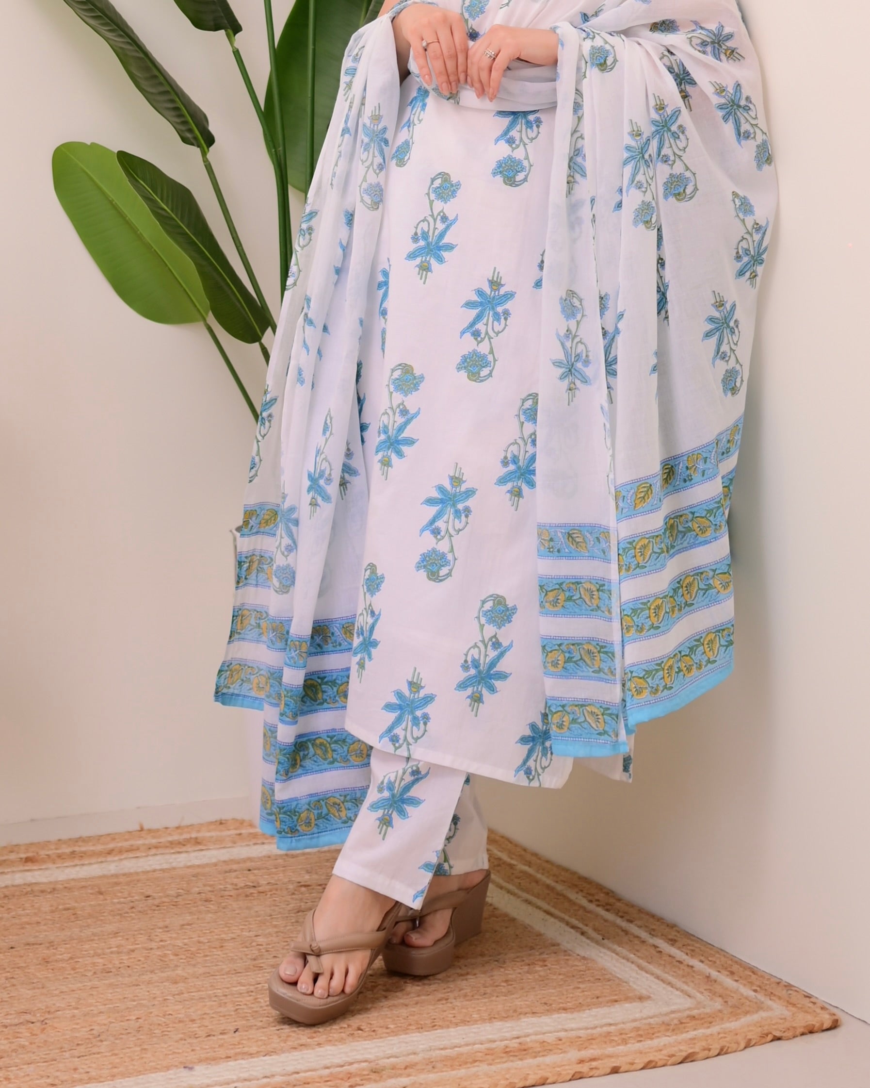 Blue White Floral Mul Cotton Suit