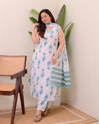 Blue White Floral Mul Cotton Suit