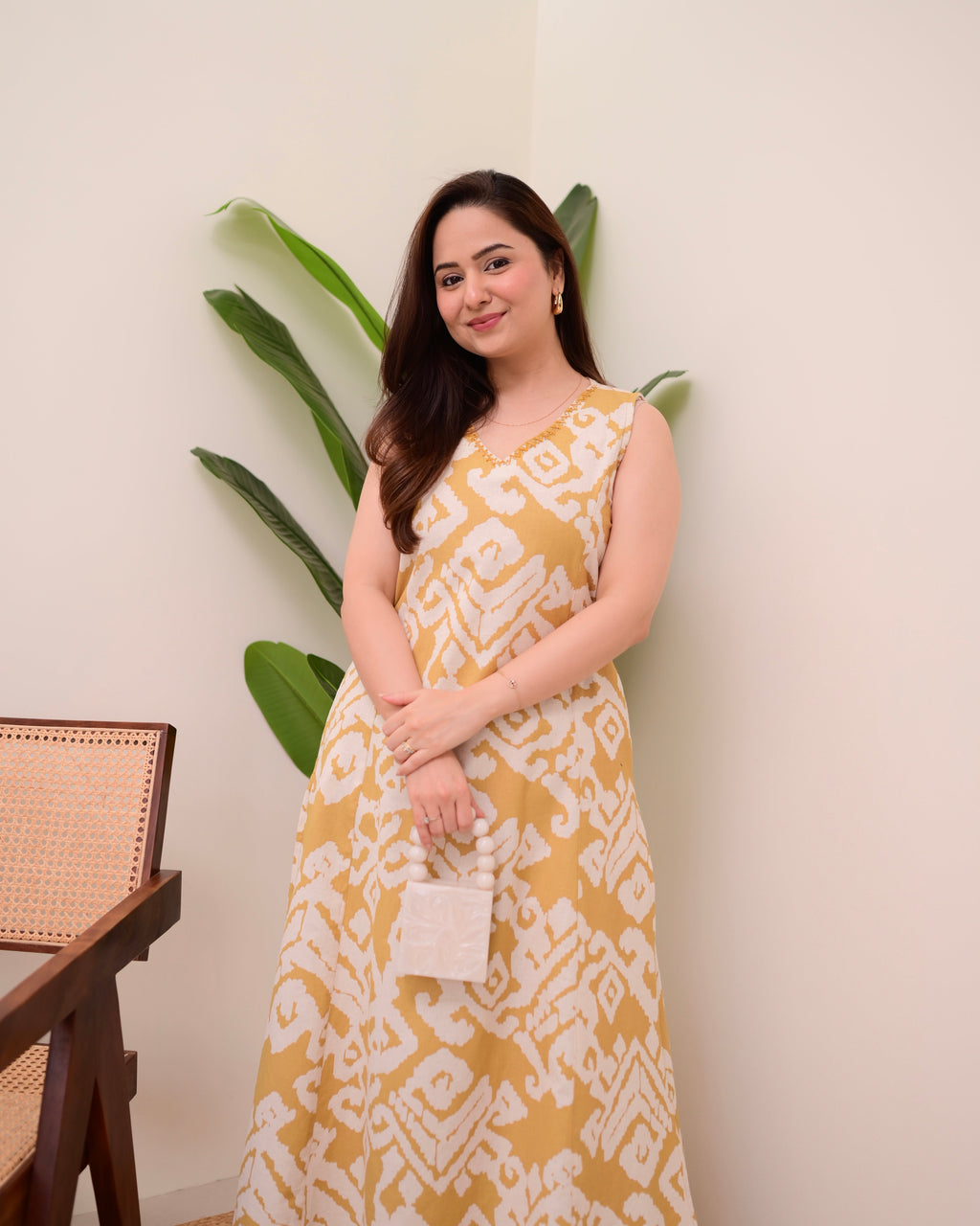 Mustard Ikat Cotton A Line Kurta Set
