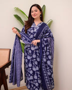 Navy Blue Floral Cotton Suit