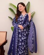 Navy Blue Floral Cotton Suit