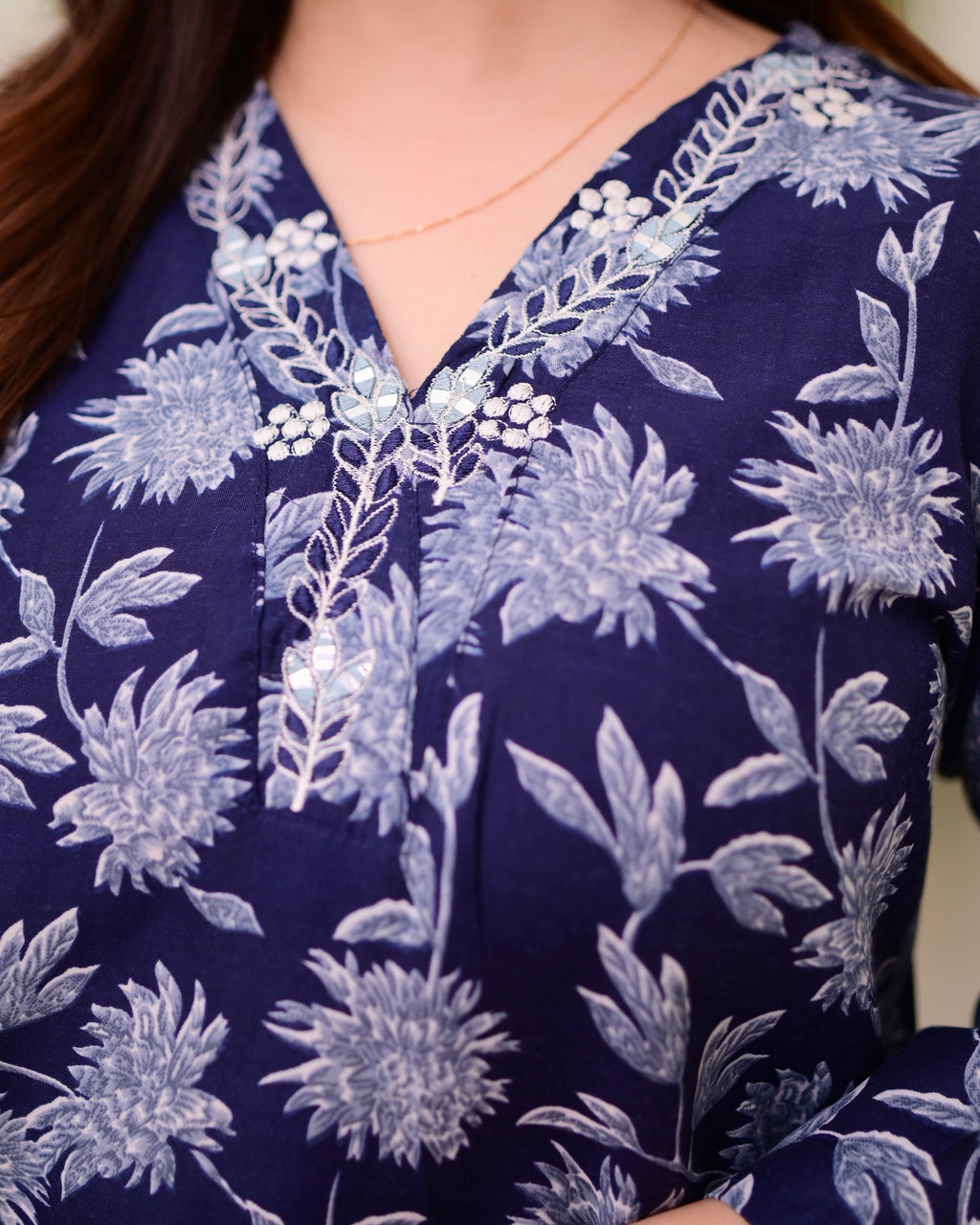 Navy Blue Floral Cotton Suit