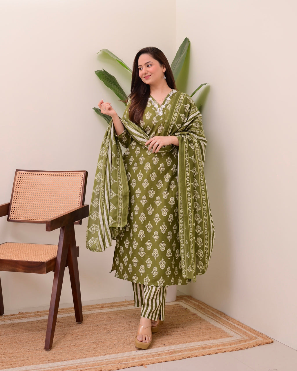 Green Floral Cotton Suit