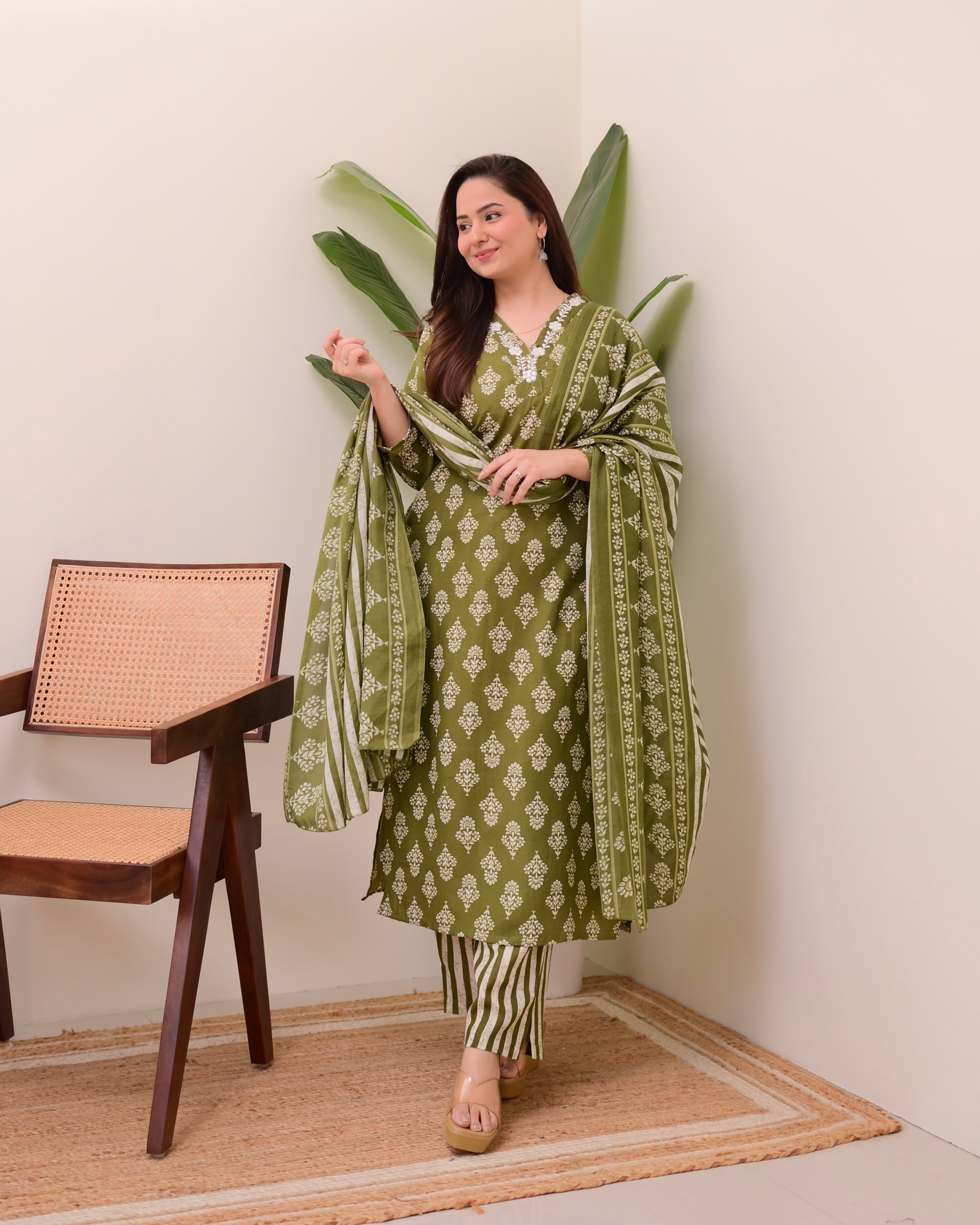 Green Floral Cotton Suit