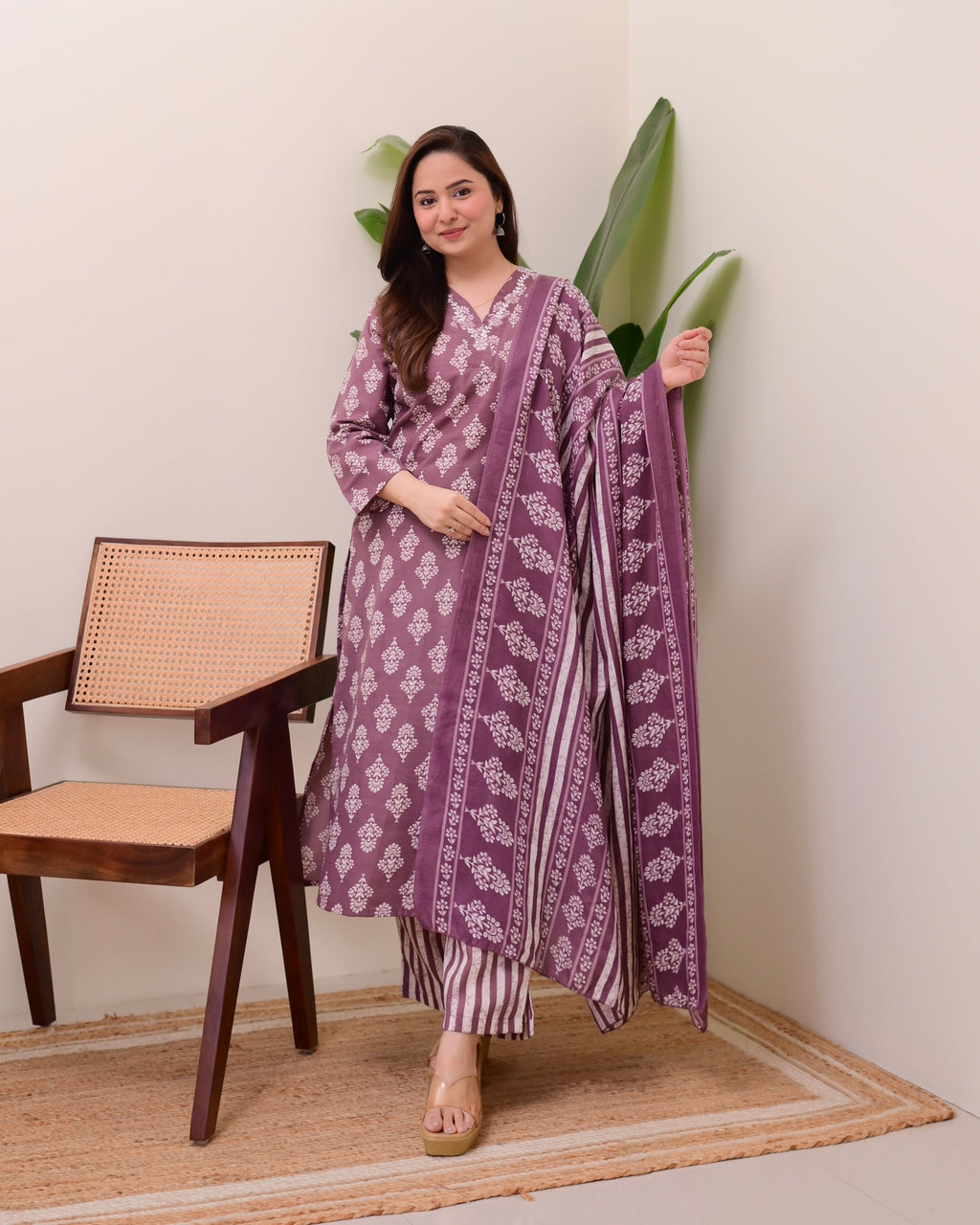 Mauve Floral Cotton Suit