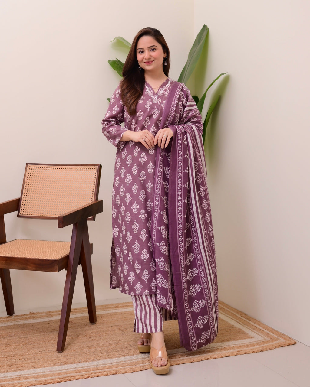 Mauve Floral Cotton Suit