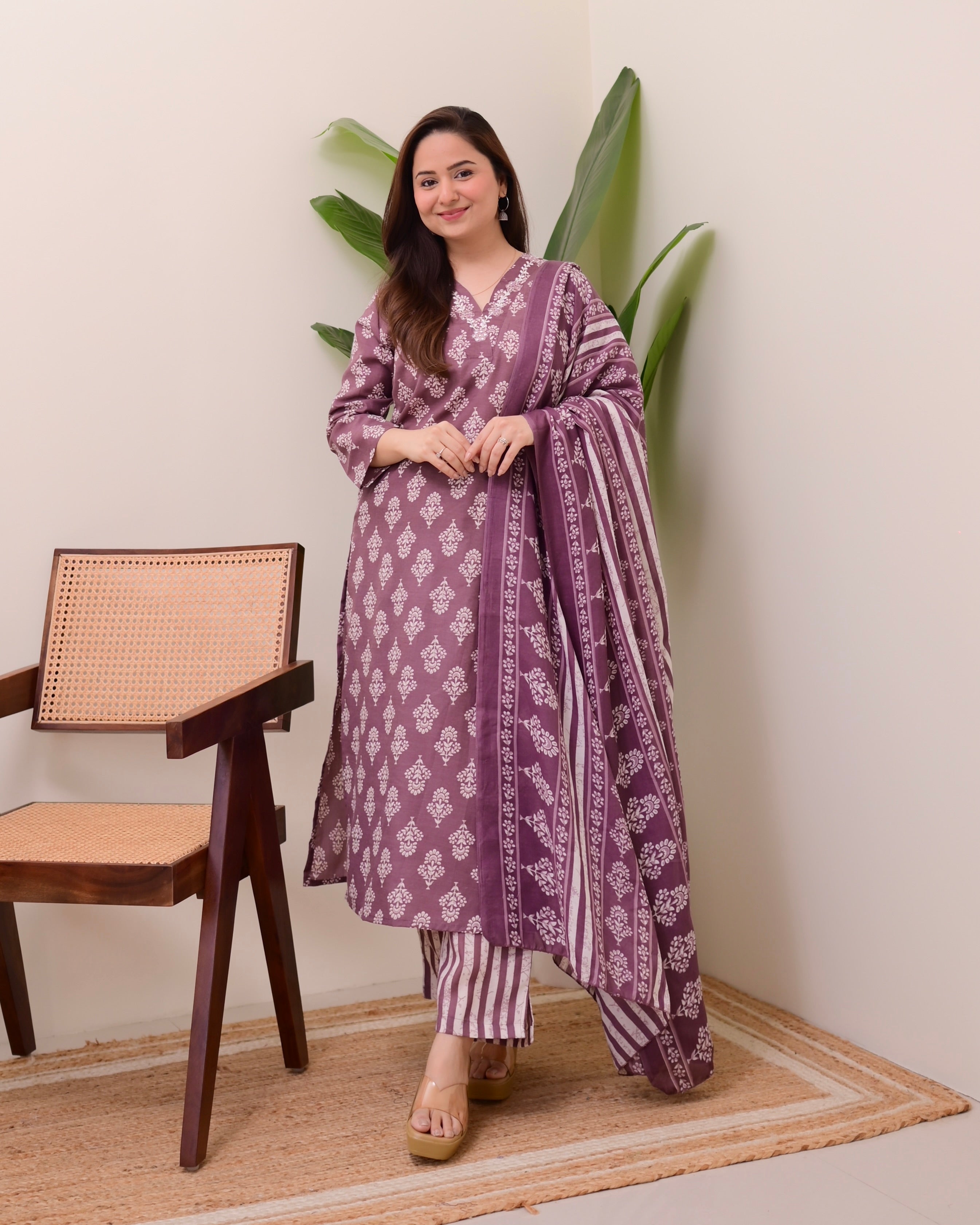 Mauve Floral Cotton Suit