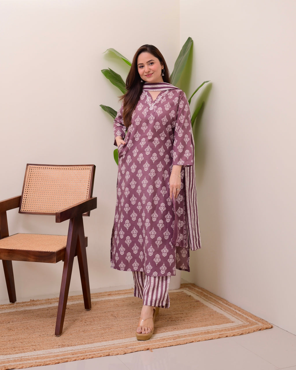 Mauve Floral Cotton Suit