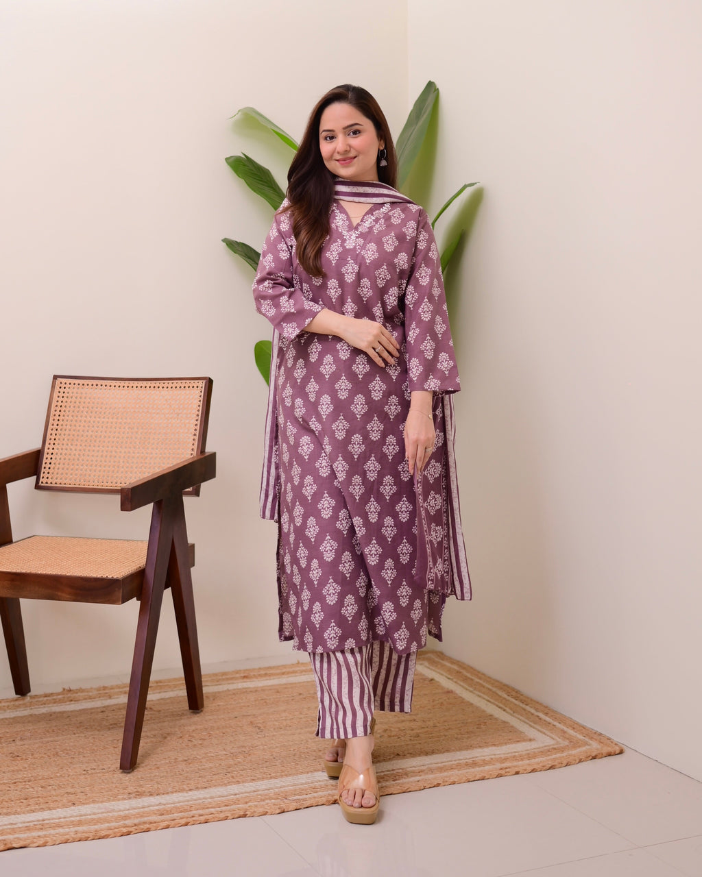 Mauve Floral Cotton Suit