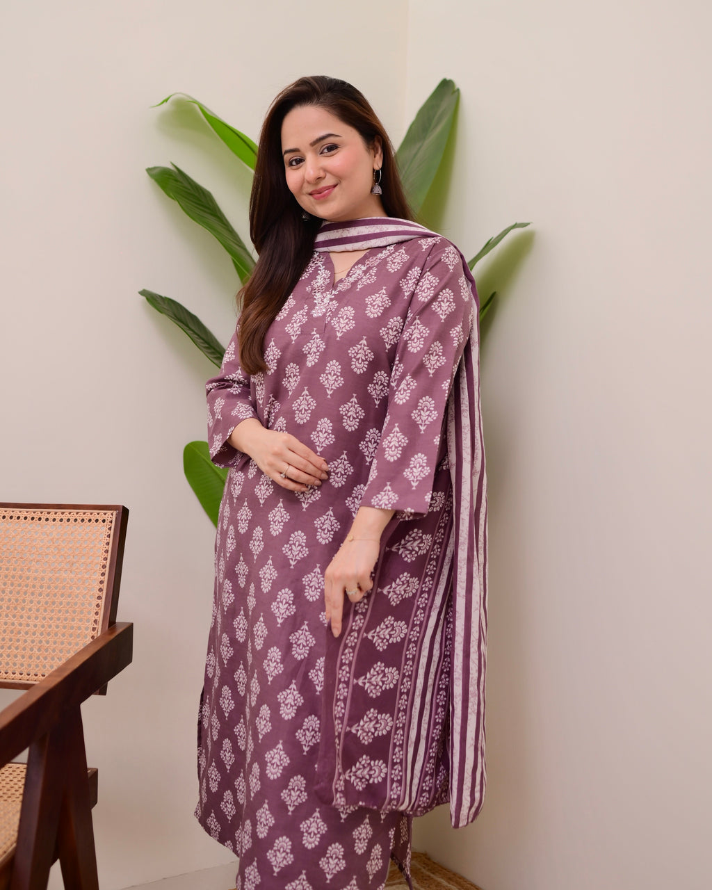 Mauve Floral Cotton Suit