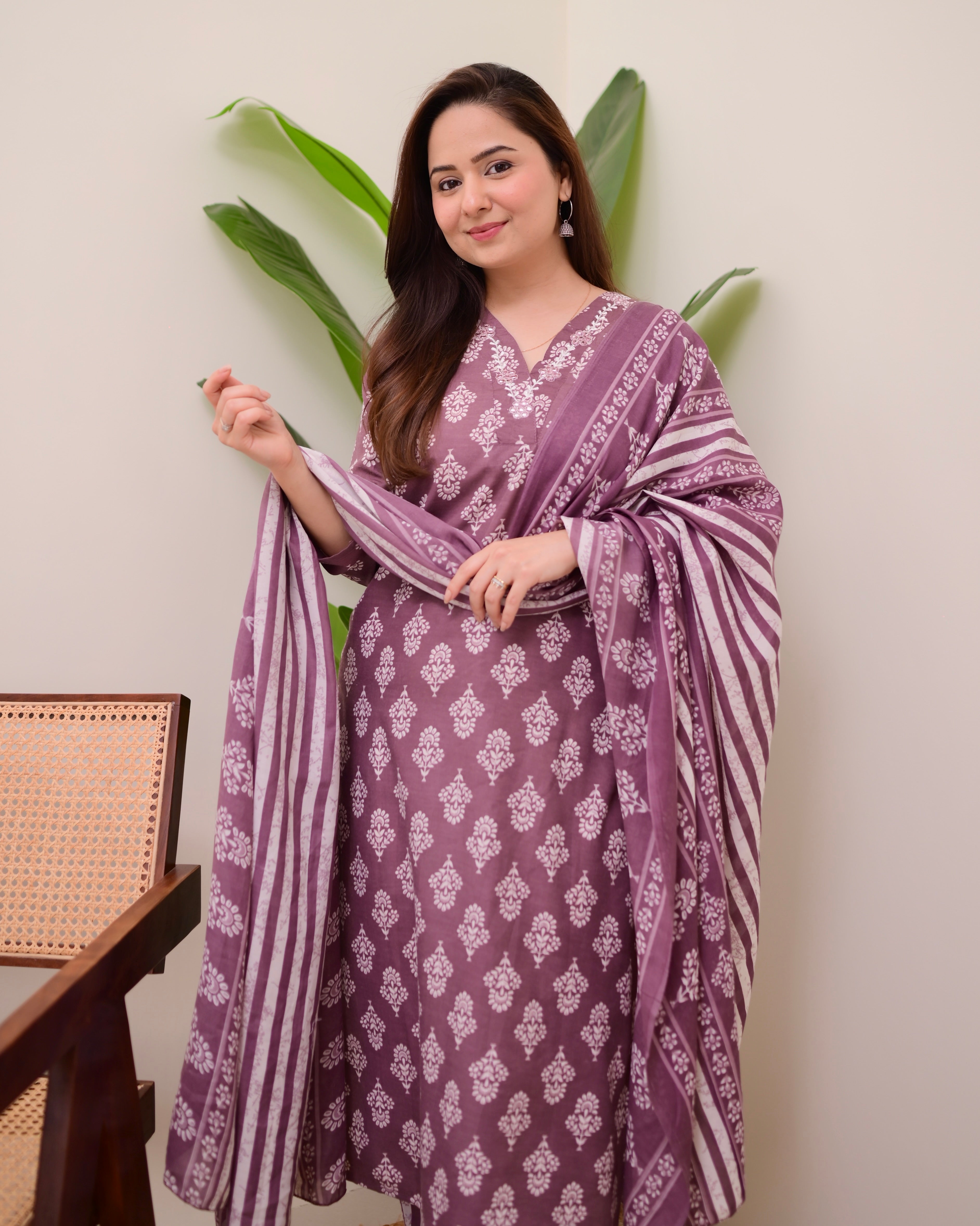 Mauve Floral Cotton Suit