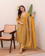Mustard Yellow Floral Cotton Suit