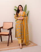 Mustard Yellow Floral Cotton Suit