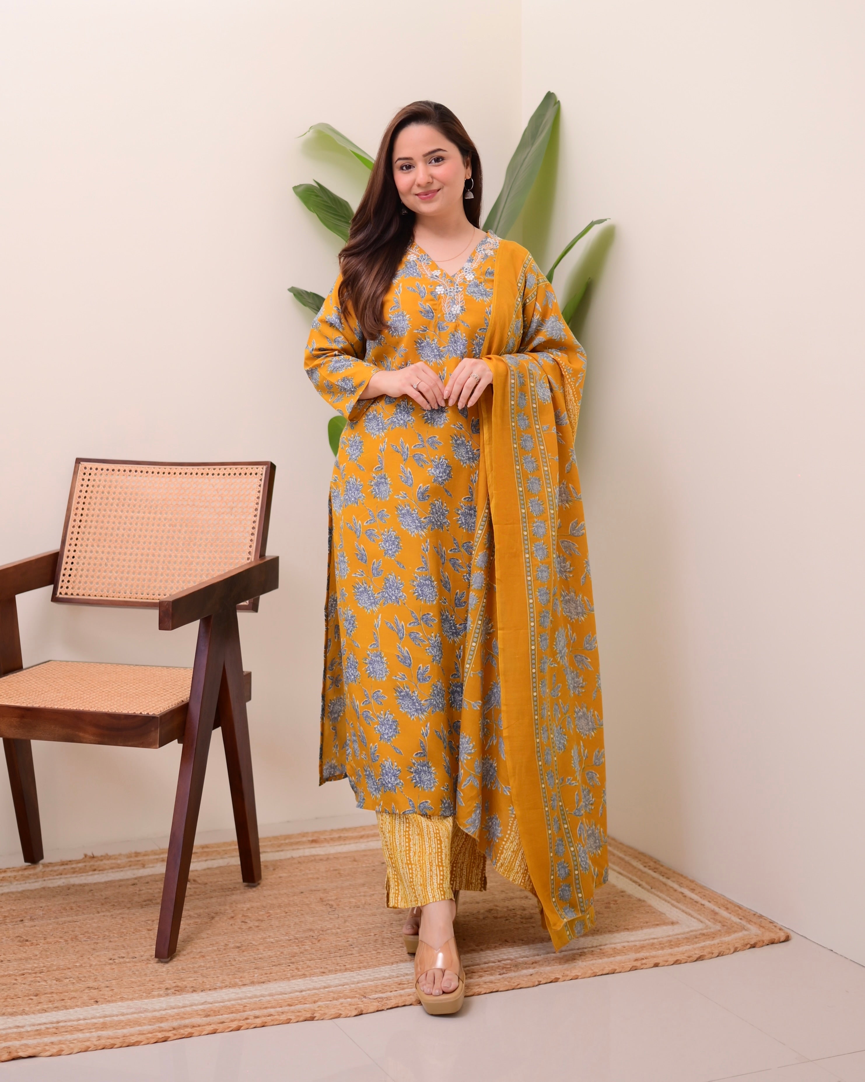 Mustard Yellow Floral Cotton Suit