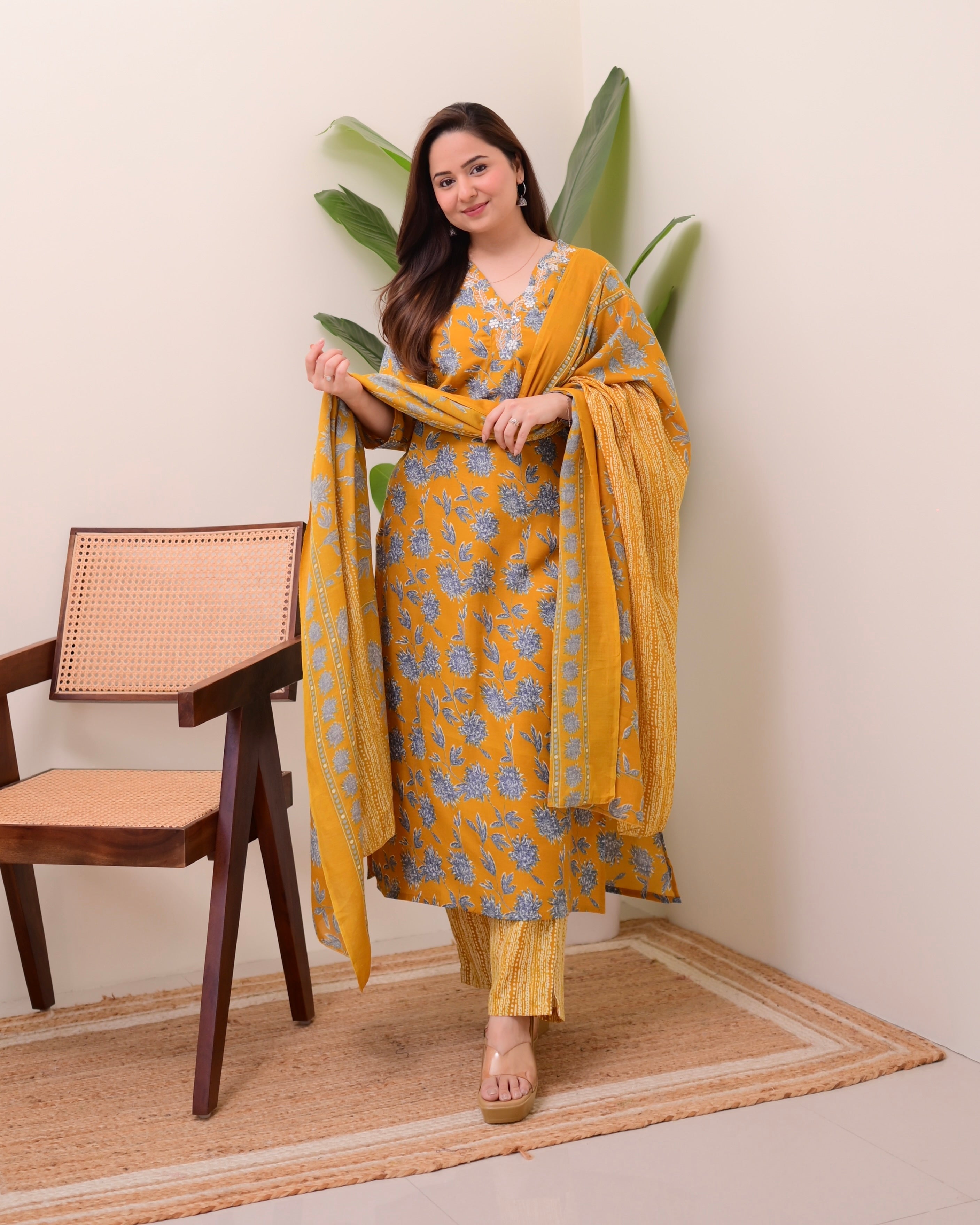 Mustard Yellow Floral Cotton Suit