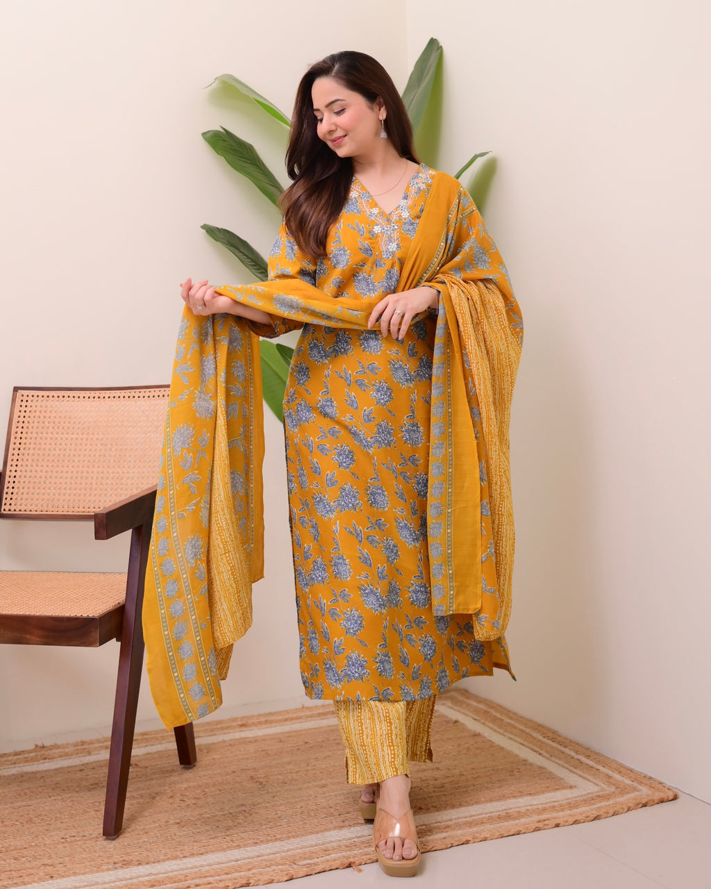 Mustard Yellow Floral Cotton Suit