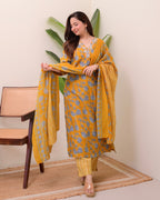 Mustard Yellow Floral Cotton Suit