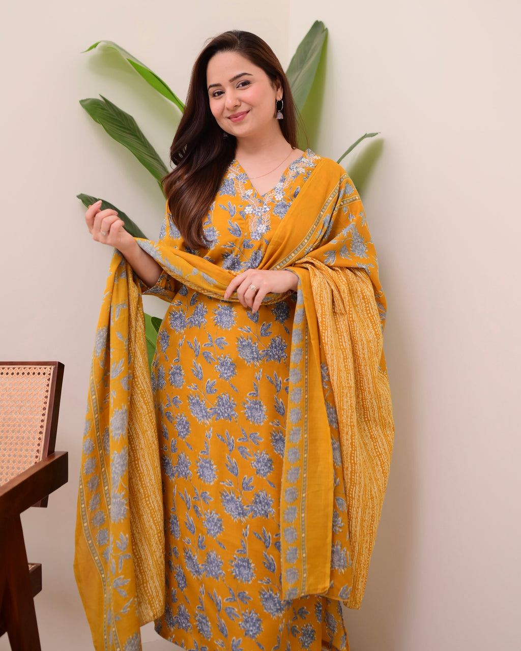 Mustard Yellow Floral Cotton Suit