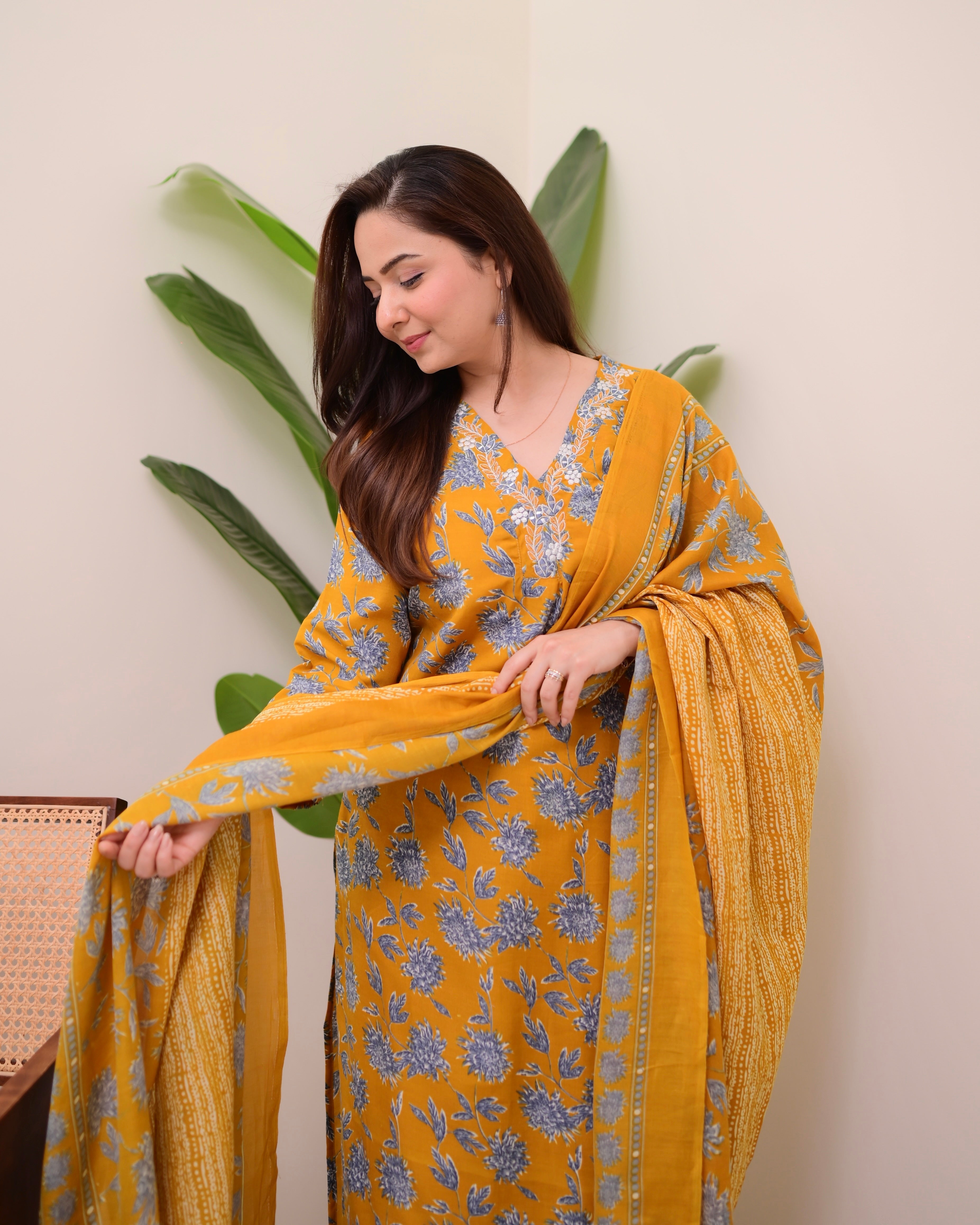Mustard Yellow Floral Cotton Suit