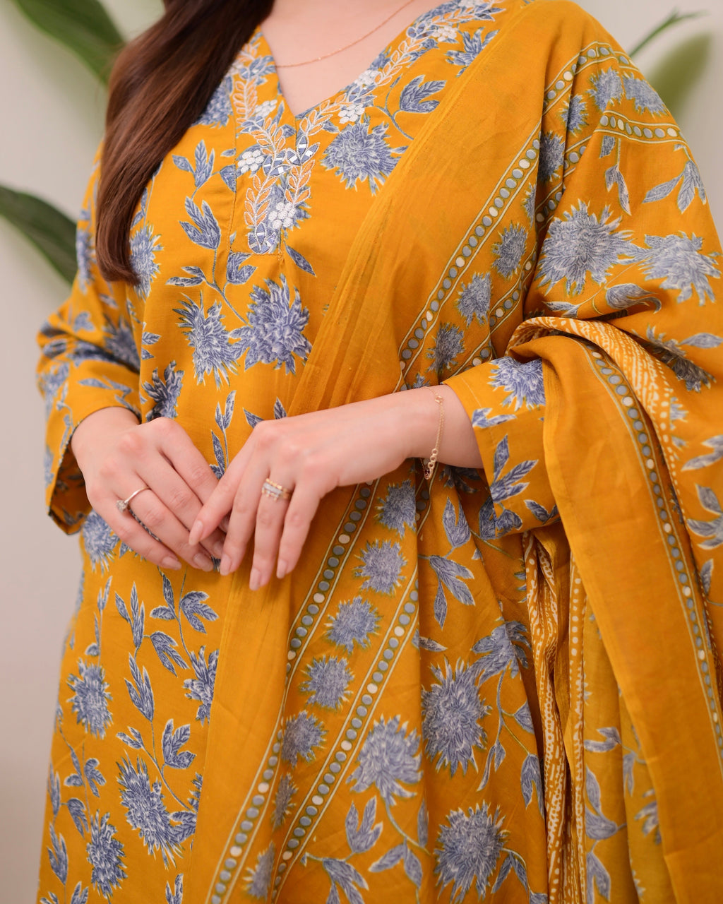 Mustard Yellow Floral Cotton Suit