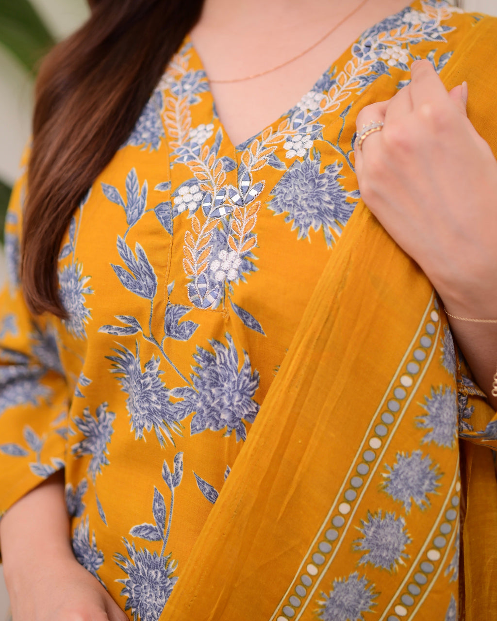 Mustard Yellow Floral Cotton Suit