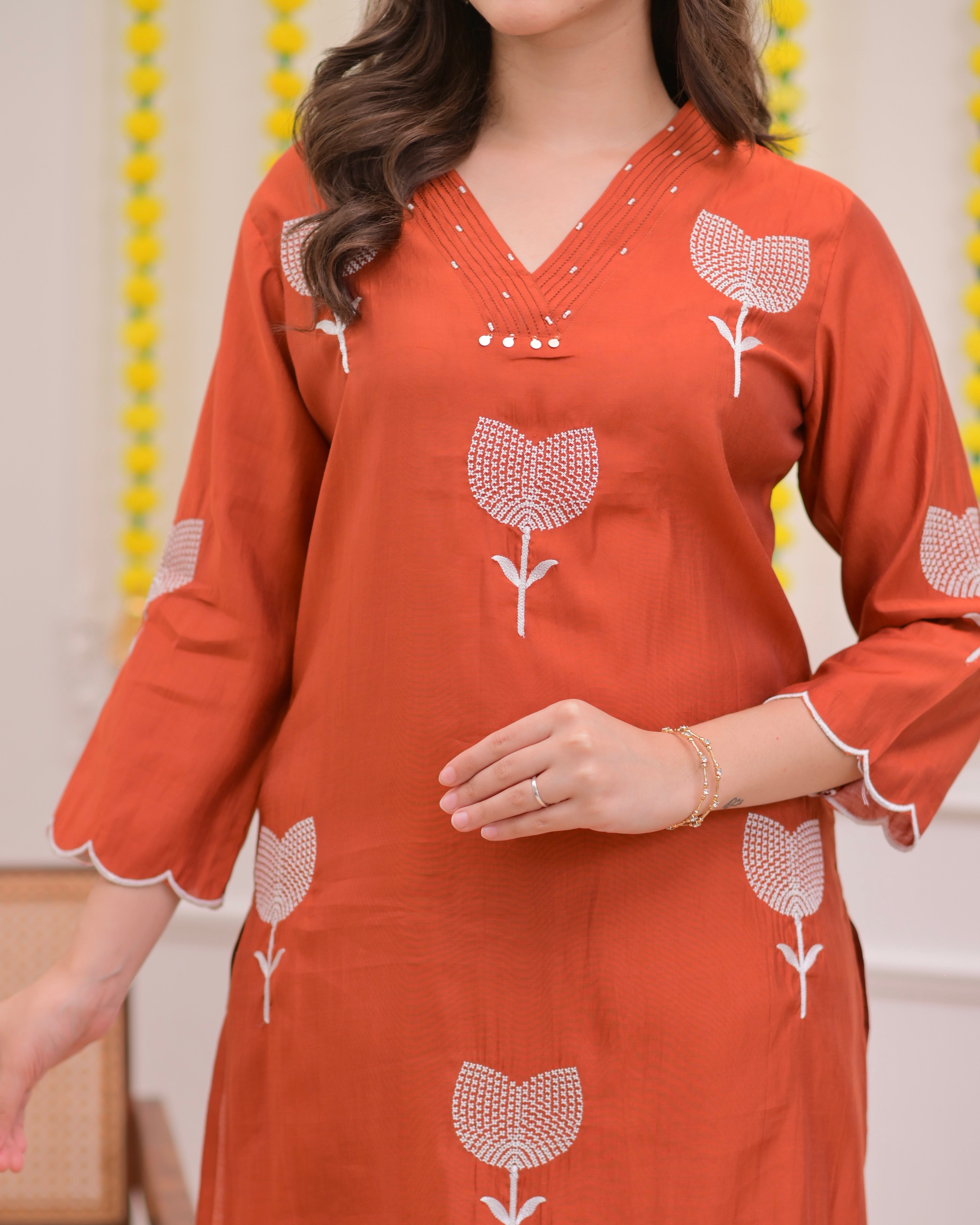 Orange Bloom Threaded Muslin Suit