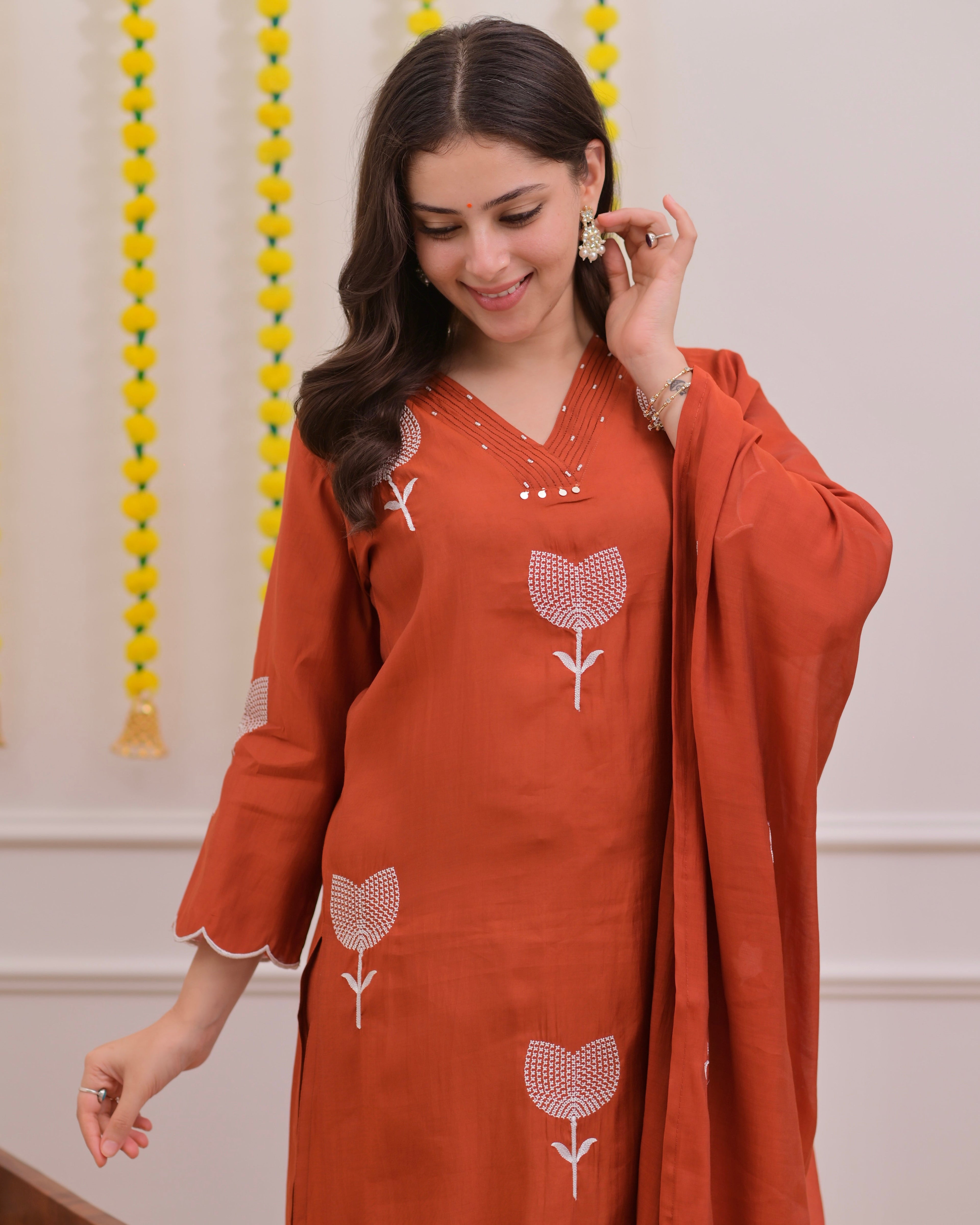 Orange Bloom Threaded Muslin Suit