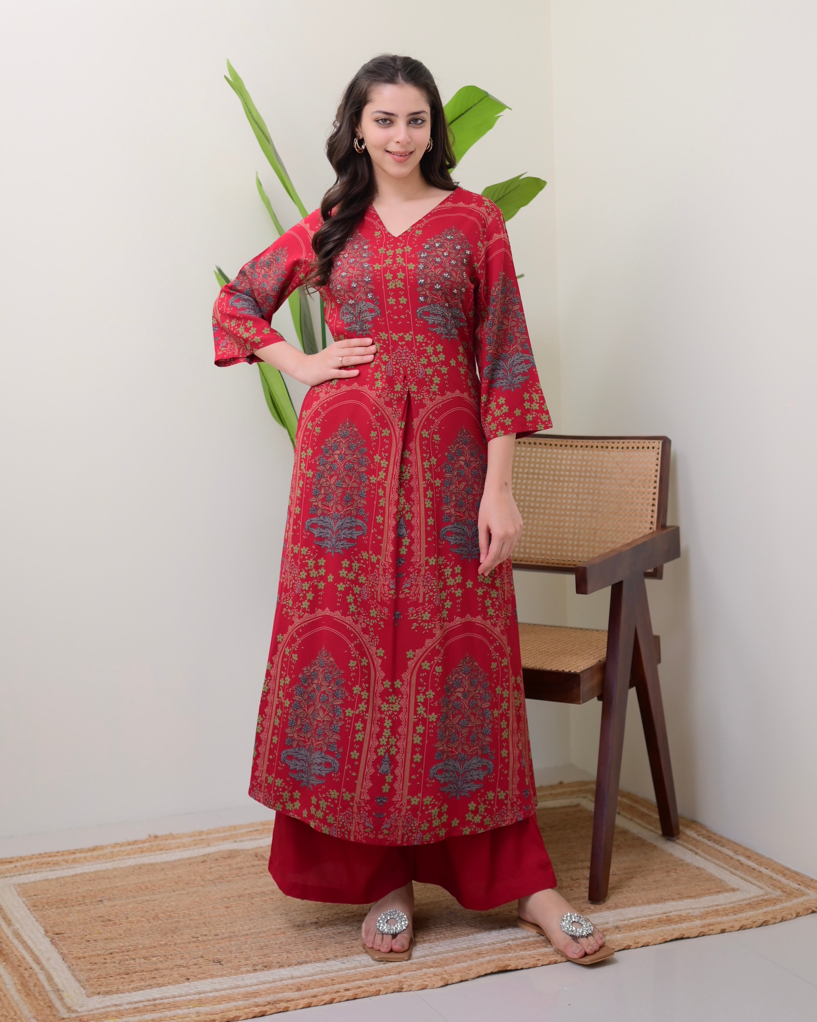Maroon Floral Embroidered Cotton A Line Kurta Palazzo Set