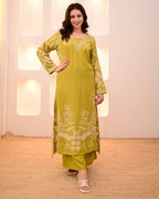Lime Green Petals Cotton A Line Kurta Palazzo Set