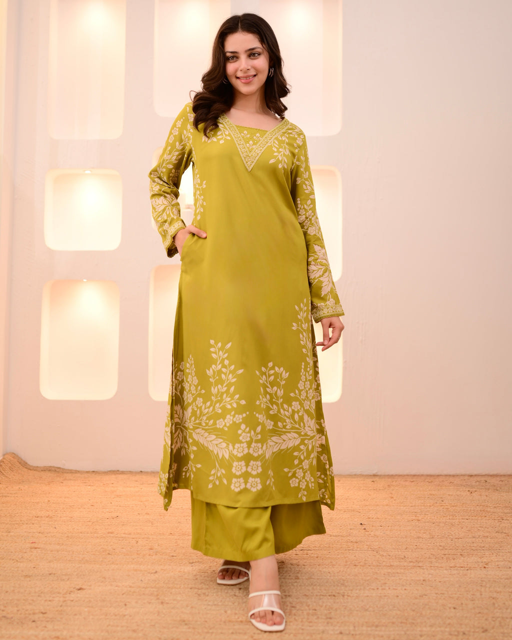 Lime Green Petals Cotton A Line Kurta Palazzo Set