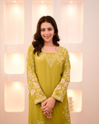 Lime Green Petals Cotton A Line Kurta Palazzo Set