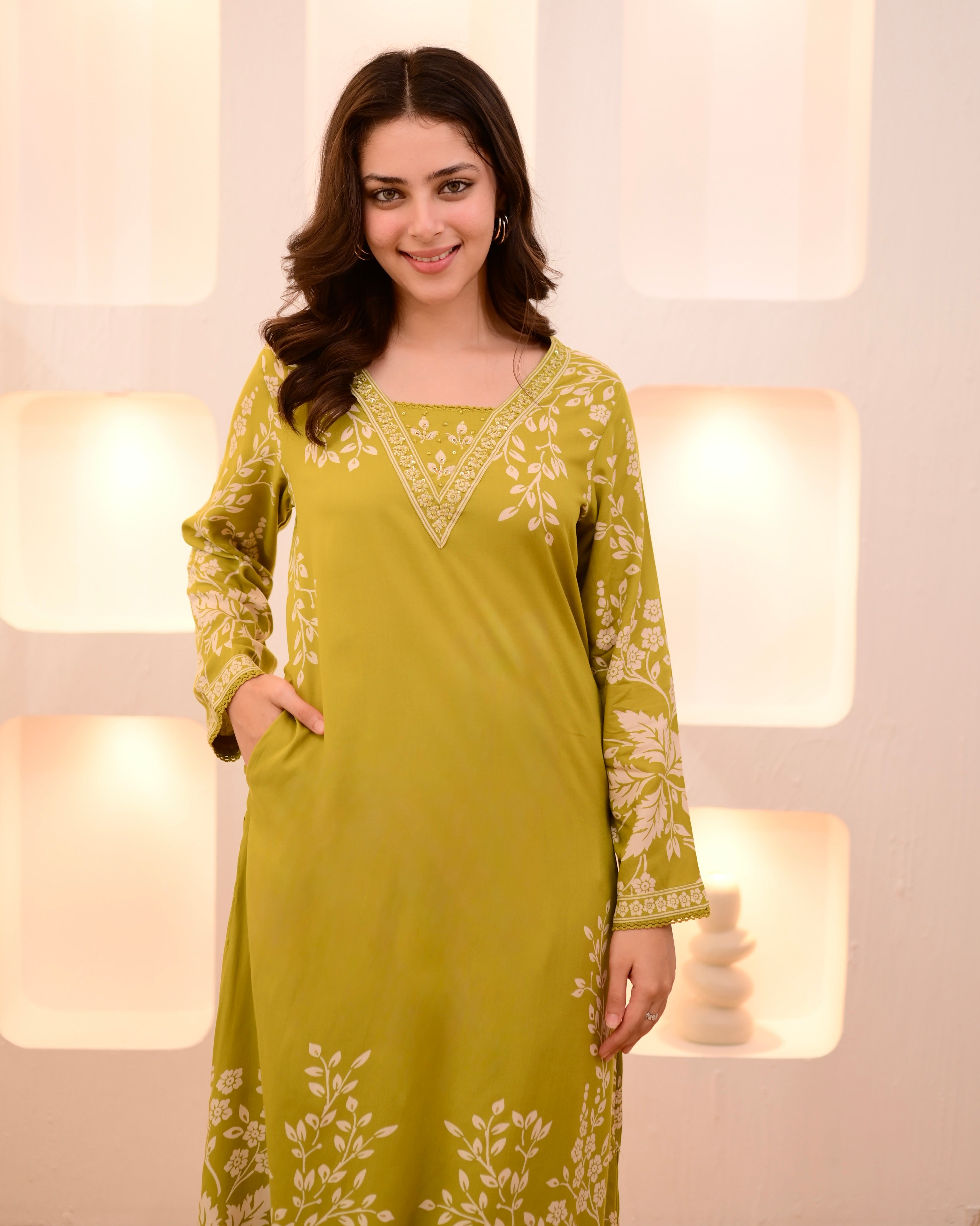 Lime Green Petals Cotton A Line Kurta Palazzo Set