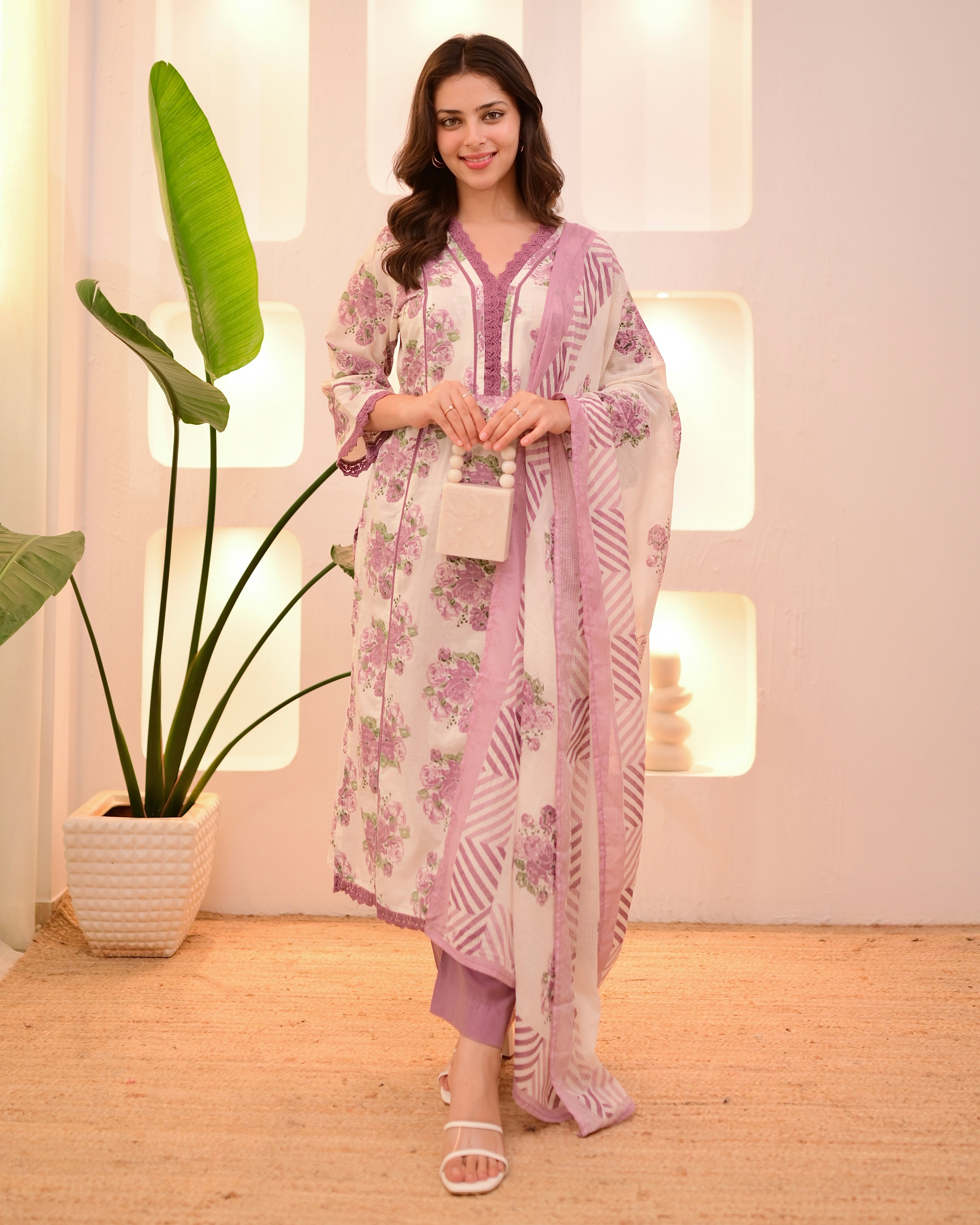 Ivory Orchid Floral Lace Pakistani Cotton Suit