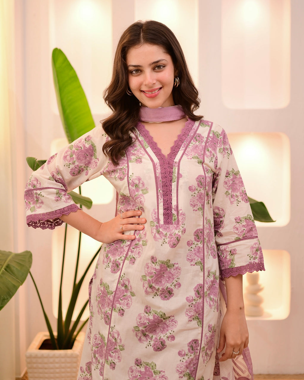 Ivory Orchid Floral Lace Pakistani Cotton Suit