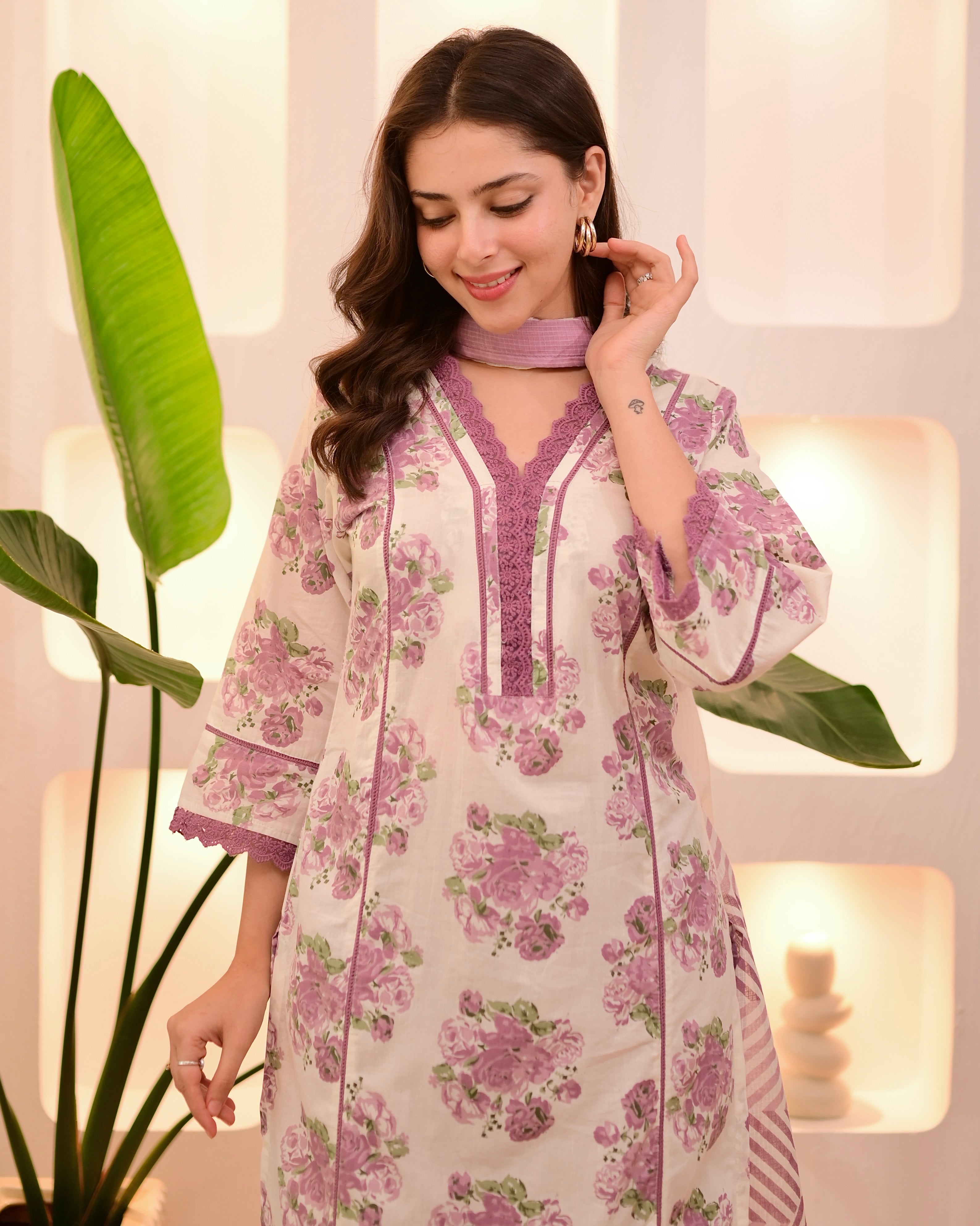 Ivory Orchid Floral Lace Pakistani Cotton Suit