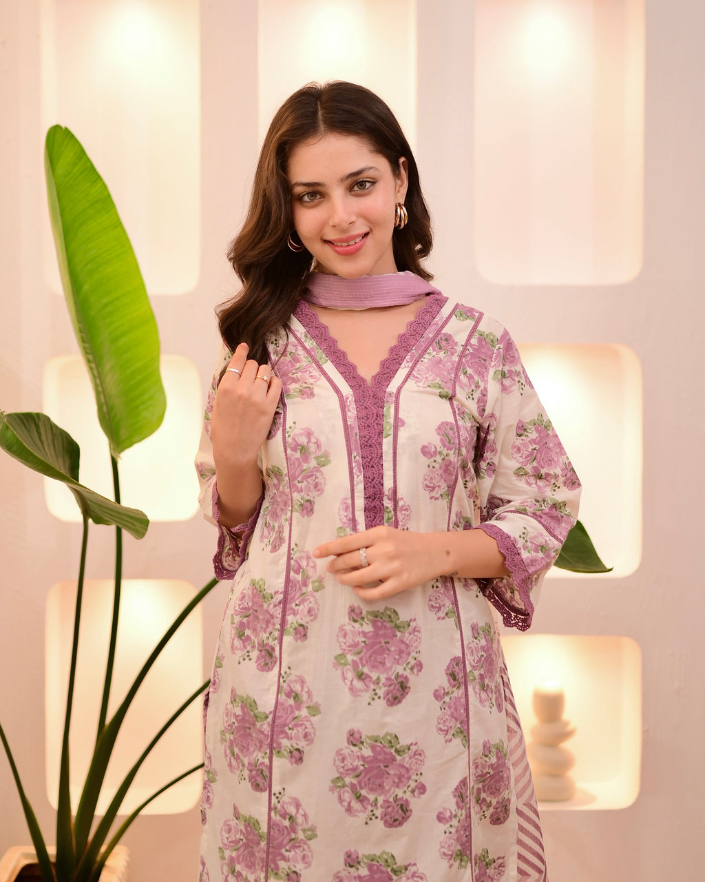 Ivory Orchid Floral Lace Pakistani Cotton Suit