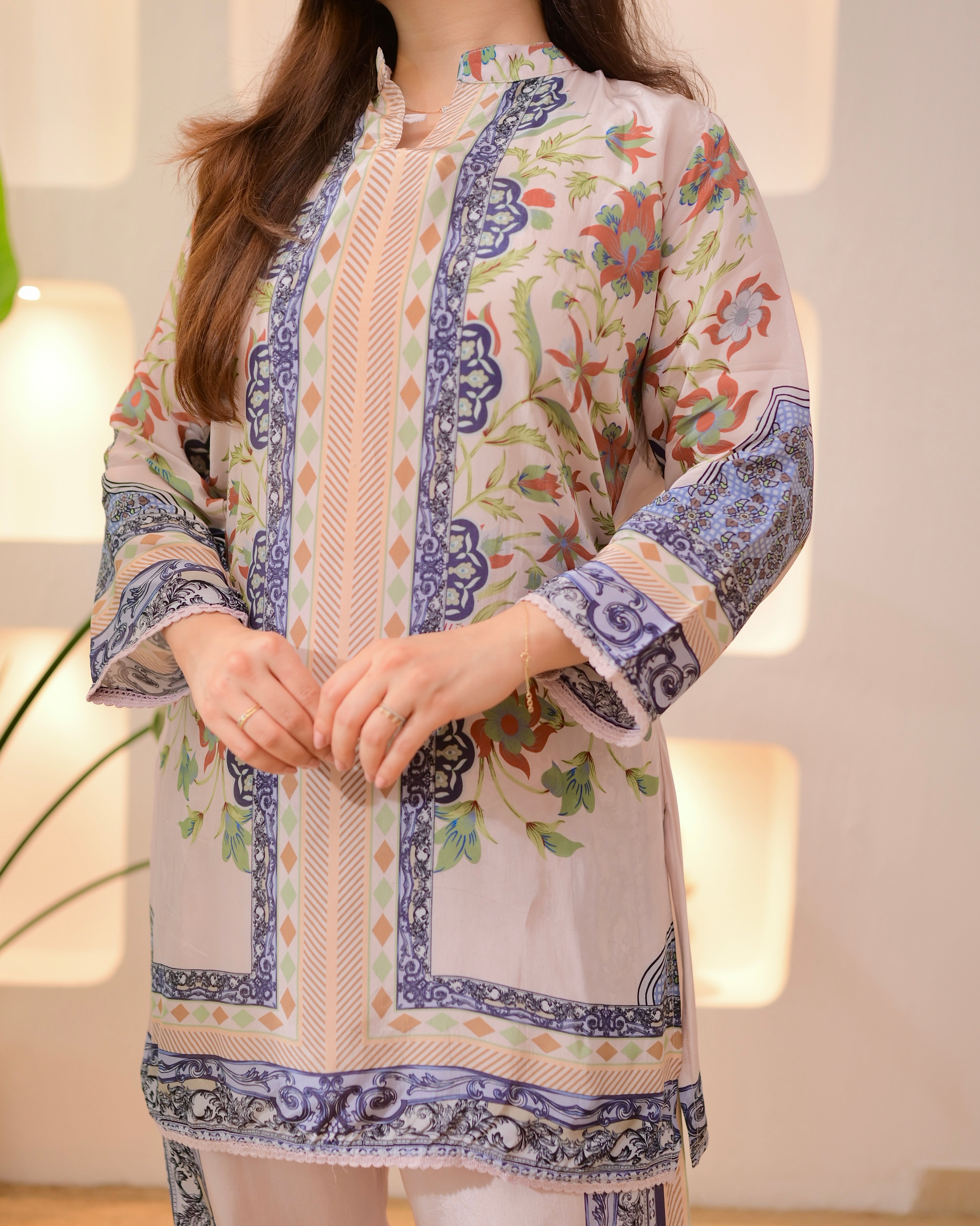 Ivory Blue Botanic Charm Crepe Co-ord Set