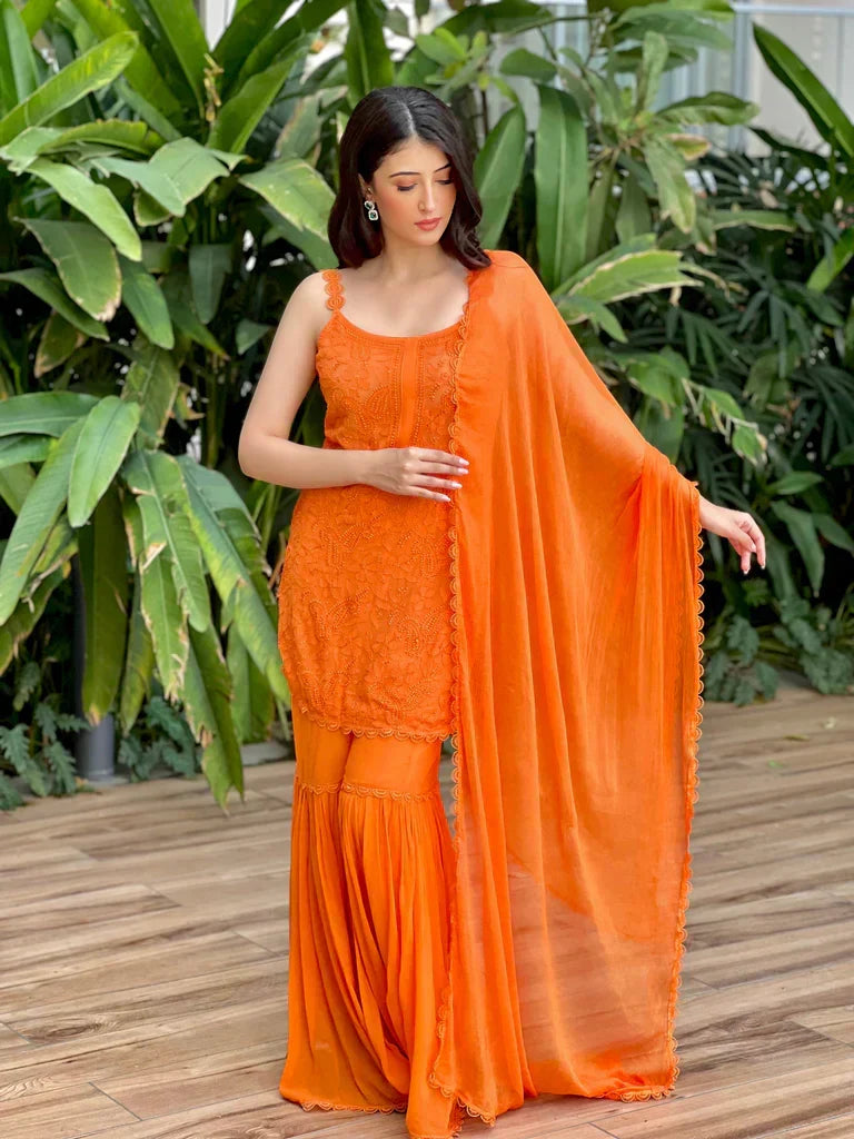 Ishita Orange Chikankari Gharara Set